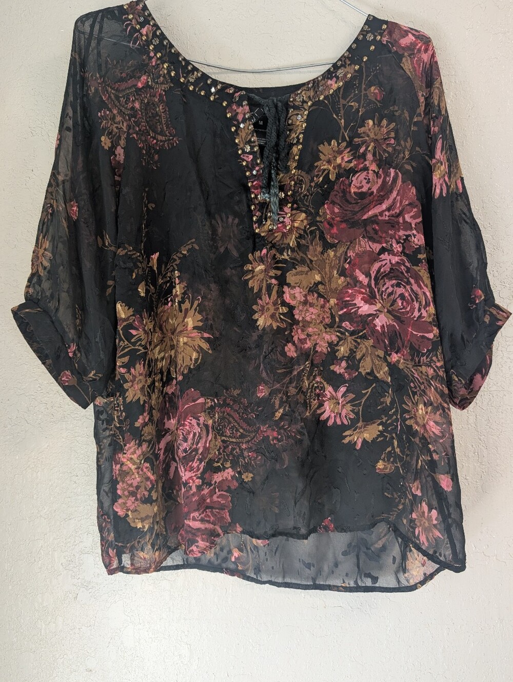 Sheer Beaded Blouse M Black Pink Floral Boho Cottage Whimsigoth Bling Fairy